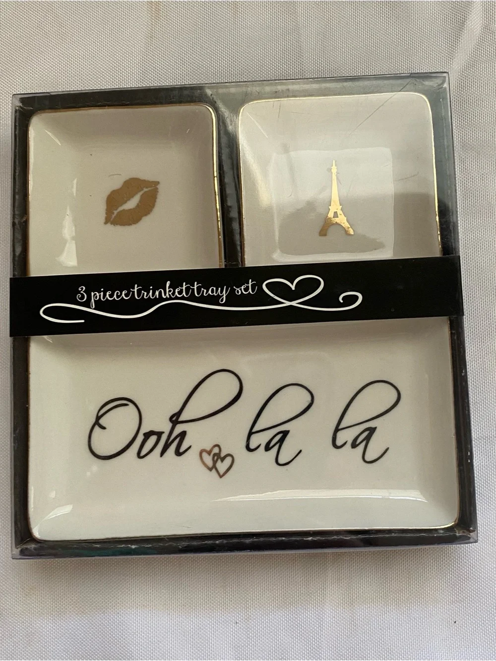 White and Gold 'Ooh la la' 3-Piece Trinket Tray Set